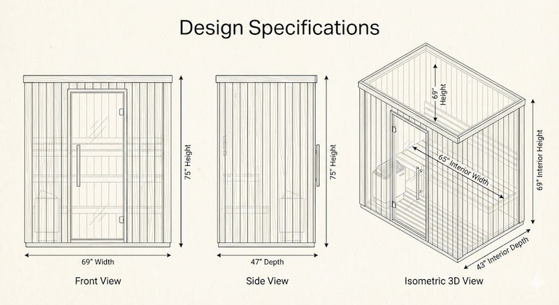 SunRay Southport 3-Person Traditional Sauna | 4.5kW Harvia Heater | Canadian Hemlock Dimensions Diagram