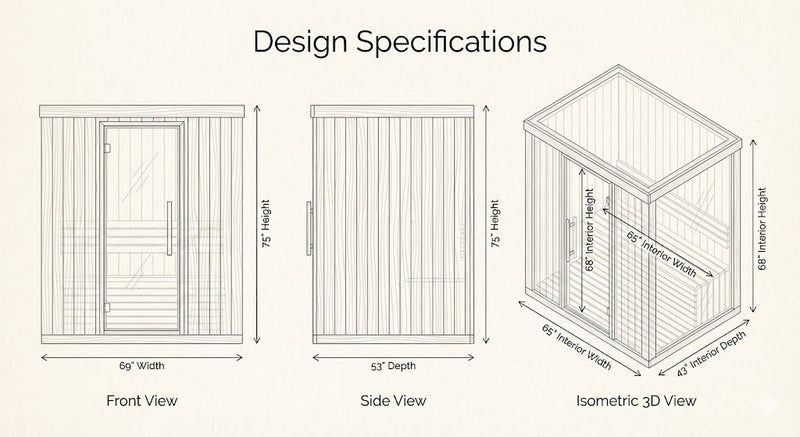 SunRay Sequoia 4-Person Infrared Sauna | 10 Carbon Heaters | Canadian Red Cedar Dimensions Diagram