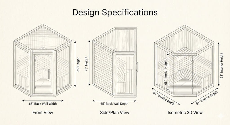 SunRay Bristol Bay 4-Person Corner Infrared Sauna | 10 Carbon Heaters | Cedar Dimensions Diagram