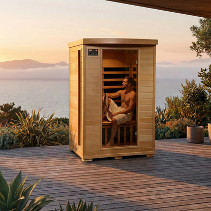 Man sitting inside a wooden sauna on a wooden deck with a scenic view of mountains and sea.